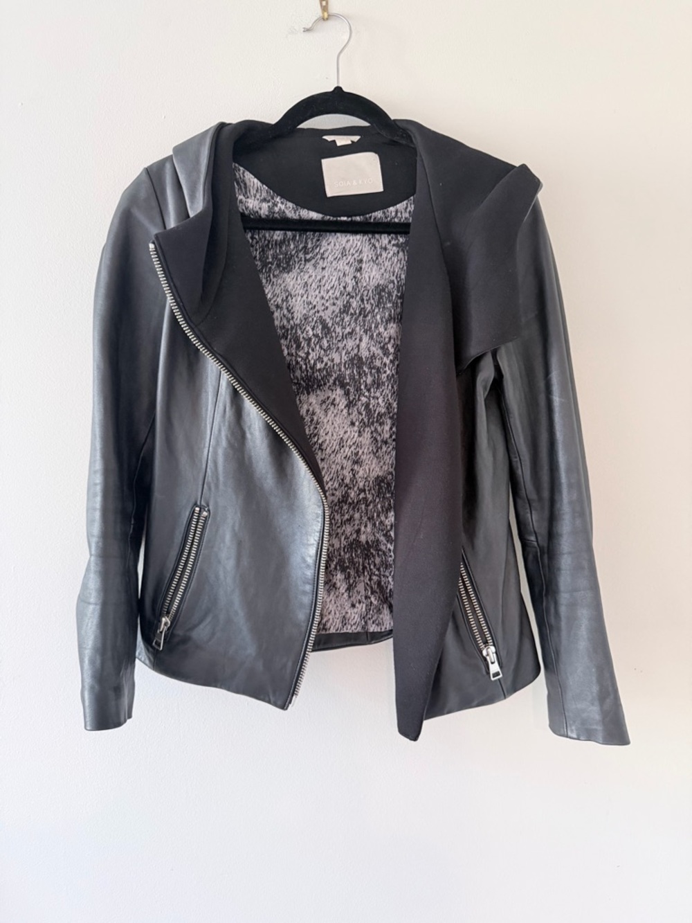 Soia & Kyo Black Leather Hooded Asymmetric Zip Jacket